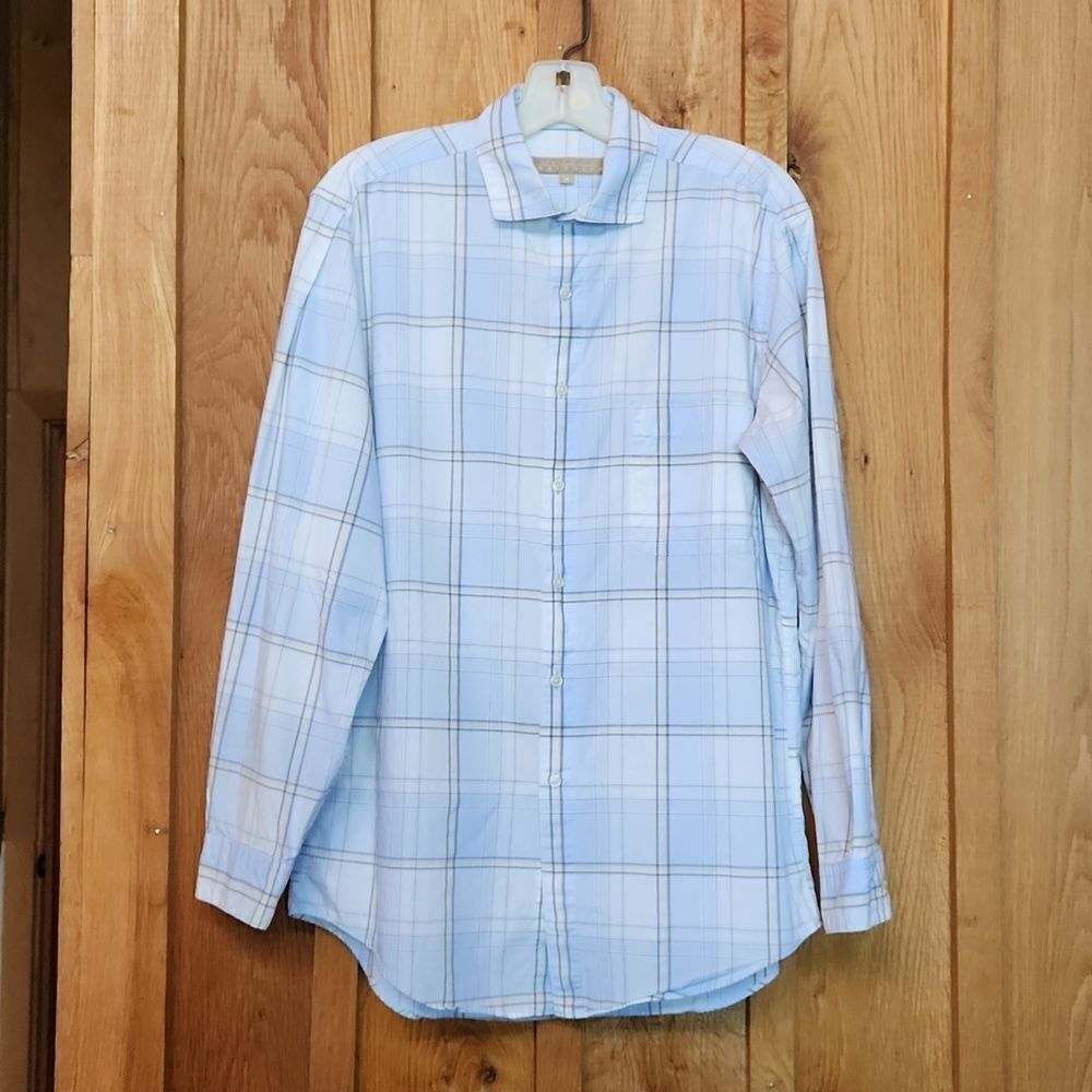 Perry Ellis 100% Cotton Button Down Casual Shirt, Medium, Blue & White Plaid